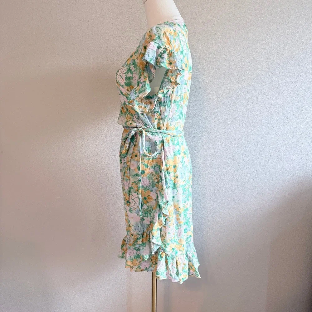 Billabong Floral Wrap Dress Ruffle Sleeve Summer Resort Womens Size Large - Picture 4 of 8